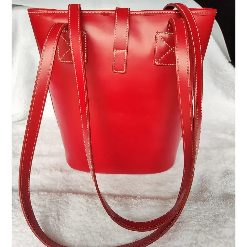 Dooney & Bourke Red Toiny Bucket Bag Leather North South Satchel Handbag Purse